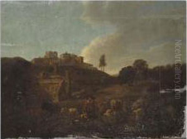 Southern Landscape With A Drover And Animals Resting Beside Classical Ruins Oil Painting by Jacob Van Der Does I