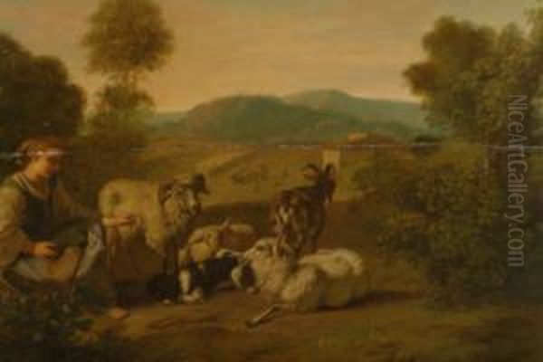 A Pastoral Landscape, With A 
Shepherdess With Her Animals, Farm Workers Beyond And Distant Hills, 
Unsigned, Attribution And Biog. Verso Oil Painting by Simon van der Does