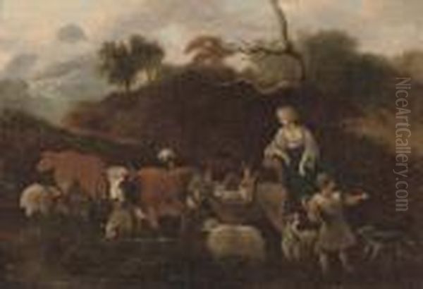 An Italianate Landscape With A Shepherd And Shepherdess And Their Cattle Oil Painting by Simon van der Does