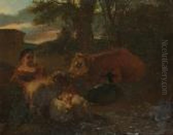 A Shepherdess With Sheep, A Cow And A Goat In A Pastoral Landscape Oil Painting by Simon van der Does