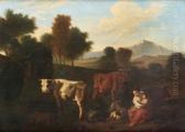 A Herdswoman And Her Child With Oxen, Sheep And Goats Beside A Stream Oil Painting by Simon van der Does