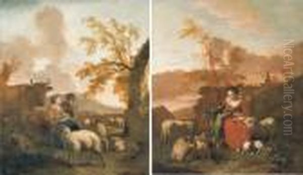 A Shepherdess And Her Son In A Landscape Oil Painting by Simon van der Does