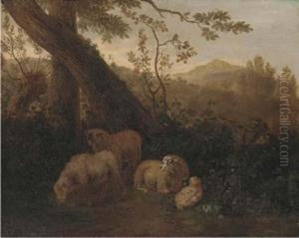 A Wooded Landscape With Sheep In The Foreground Oil Painting by Simon van der Does