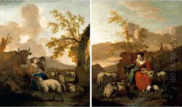 An Italianate Landscape With A 
Shepherdess Attending Her Animals And Reading A Letter To Her Son Oil Painting by Simon van der Does