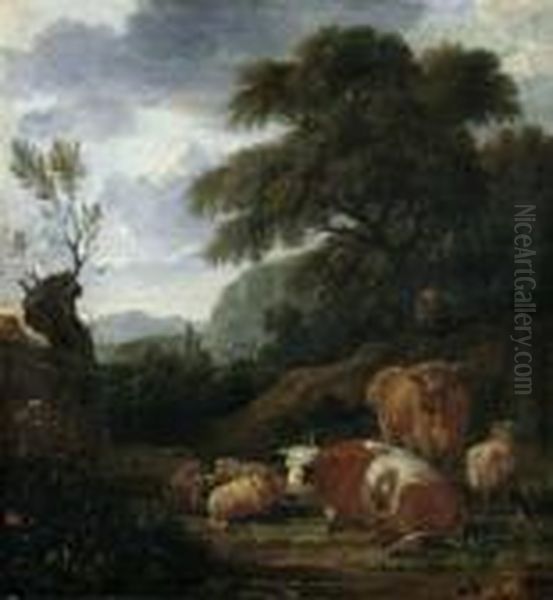 Sudliche Landschaft Mit Lagerndem Vieh Und Hirten. Oil Painting by Simon van der Does