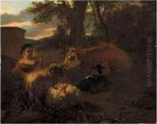 A Pastoral Landscape With A Shepherdess Resting With Her Animals Oil Painting by Simon van der Does