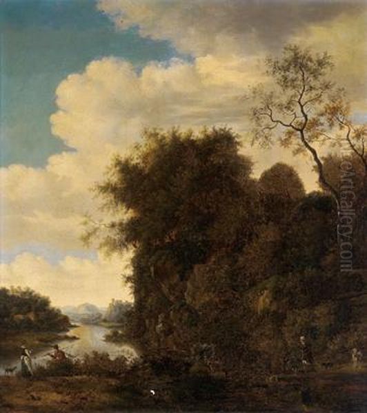 Paesaggio Fluviale Con Un Pescatore E Una Donna Oil Painting by Joris Abrahamsz Van Der Haagen