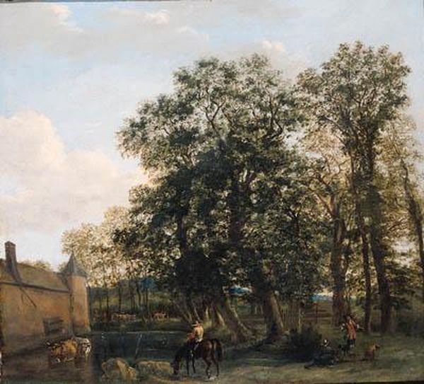 Drivers Watering Cattle Near A Castle, A Falconer Nearby Oil Painting by Joris Abrahamsz Van Der Haagen