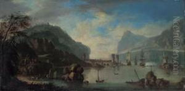 A Rhenish Harbour With A Man-o'-war Firing A Salute Oil Painting by Joris van der Haagen or Hagen