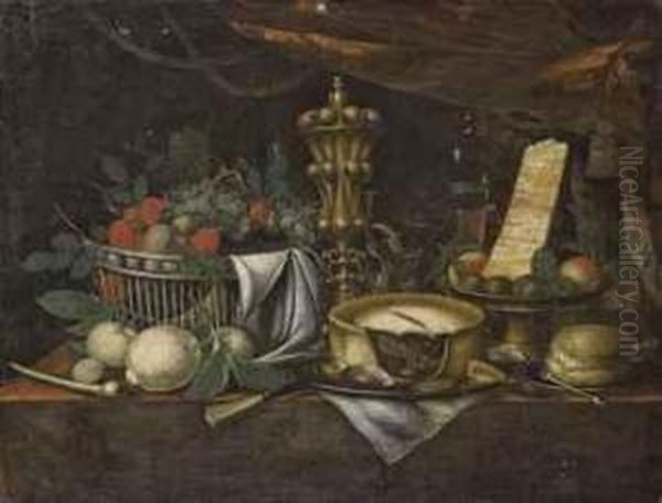 Fruits, Fromages Et Tourte Sur Un Entablement Oil Painting by Juan Van Der Hamen Y Leon