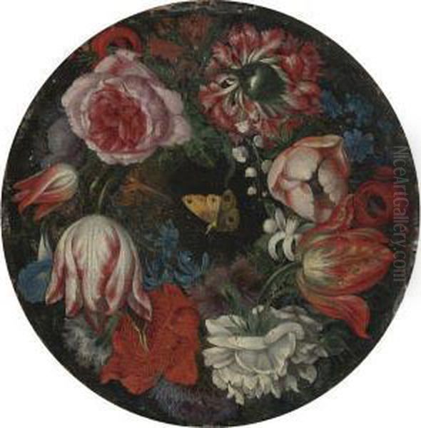 Wreath Of Roses, Carnations, 
Anemonies, Morning Glories,hyacinths, Tulips, Lily Of The Valley, And A 
Butterfly Oil Painting by Juan Van Der Hamen Y Leon