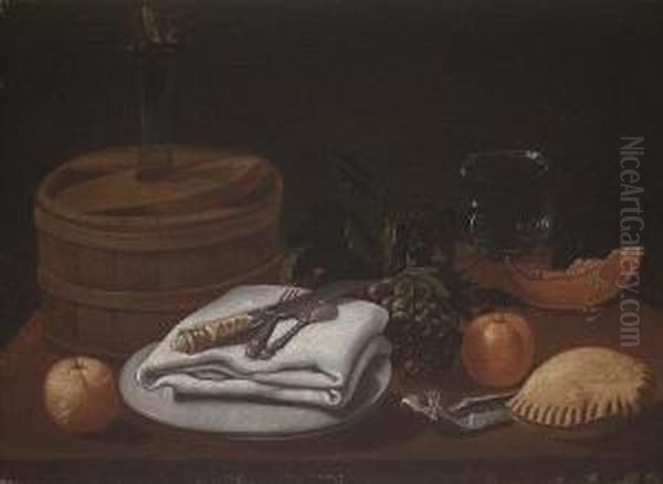 Grapes, Oranges, A Slice Of Melon, A Glassvase And A Wine Flask On A Laid Table Top Oil Painting by Juan Van Der Hamen Y Leon