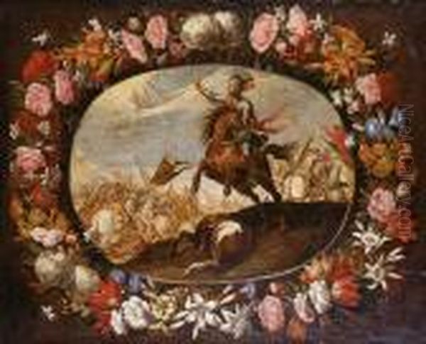 Guirnalda De Flores Con Escena De Lahistoria De Josue Oil Painting by Juan Van Der Hamen Y Leon