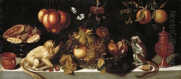 Grapes And Pomegranates In A Wicker Basket With Candied Fruit On A 
Tazza Oil Painting by Juan Van Der Hamen Y Leon