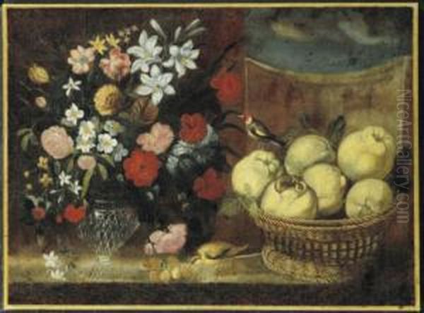 A Vase Of Flowers And A Basket Of Quinces, With Two Birds, On A Tabletop Oil Painting by Juan Van Der Hamen Y Leon