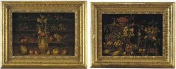 Baskets Of Apples, Pears, 
Cherries With Grapes, Peapods, Apricots, Plums, Lettuces And Lilies On 
Stone Ledges; And Lilies And Other Flowers In An Urn With Figs, 
Cherries, Grapes, Apricots And Other Fruit On Stone Ledges Oil Painting by Juan Van Der Hamen Y Leon