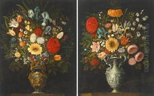 A Still Life Of Roses, Tulips, 
Lilies, Irises And Other Flowers In A Silver Urn; A Still Life Of Roses,
 Irises, Tulips And Other Flowers In A Bronze And Gilt Urn (a Pair) Oil Painting by Juan Van Der Hamen Y Leon