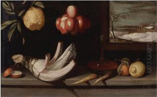 Still Life With Cardoon, 
Decanter Of Wine, Apples And Other Fruit, A Winter Landscape Beyond Oil Painting by Juan Van Der Hamen Y Leon