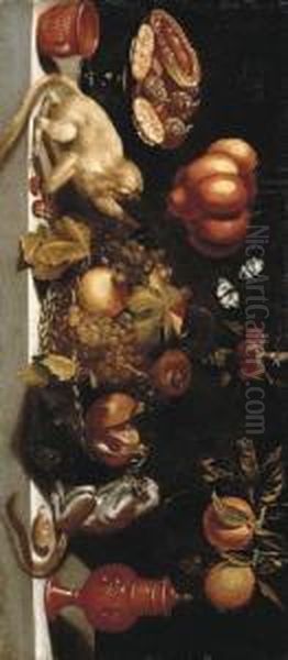 Earthenware And Two Marmosets On A Stone Ledge And Fruit Suspended From The Wall Oil Painting by Juan Van Der Hamen Y Leon