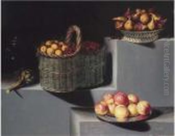 Bodegon Con Un Jarro De Cristal,
 Alcachofa, Un Cesto De Cerezas Yalbaricoques, Un Cesto Con Higos Y Un 
Plato De Plata Con Manzanas.todo Sobre Repisa De Piedra En Tres Alturas Oil Painting by Juan Van Der Hamen Y Leon