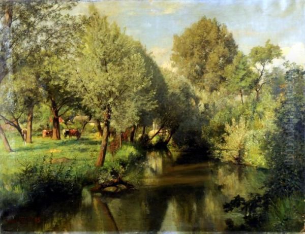 Vaches Au Bord De La Riviere Oil Painting by Hendrik Van Der Hecht