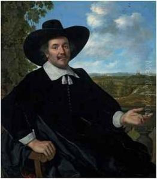 Portrait Of A Gentleman, 
Three-quarter-length, Seated, Before Abalustrade, A Landscape With A 
Country House And A Distant View Ofhaarlem Beyond Oil Painting by Bartholomeus Van Der Helst