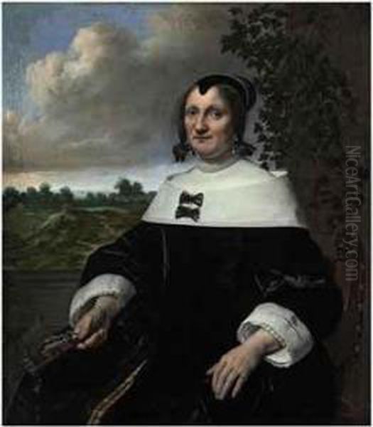 Portrait Of A Lady, 
Three-quarter-length, Seated, Before Abalustrade, Holding A Fan, A 
Landscape With Bleaching Fields And Aview Out To Sea Beyond Oil Painting by Bartholomeus Van Der Helst