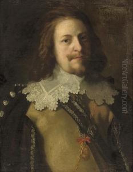 Portrait Of An Officer, Half-length, In A Buff Coat And Lacecollar Oil Painting by Bartholomeus Van Der Helst