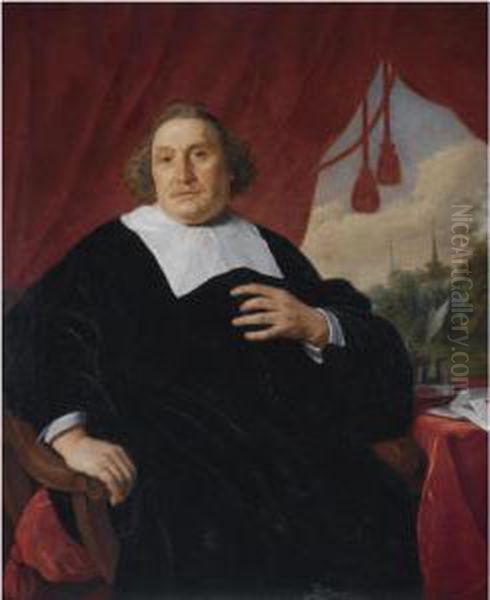 Portrait Of A Gentleman In Black
 Robe, Three-quarter Length, Seatedat A Table, A Wooded Landscape With 
Two Church Spires In Thebackground Oil Painting by Bartholomeus Van Der Helst