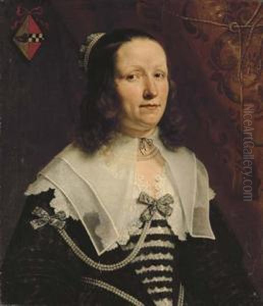 Portrait Of A Lady, Half-length, In A Black Dress With Strings Of Pearls Oil Painting by Bartholomeus Van Der Helst