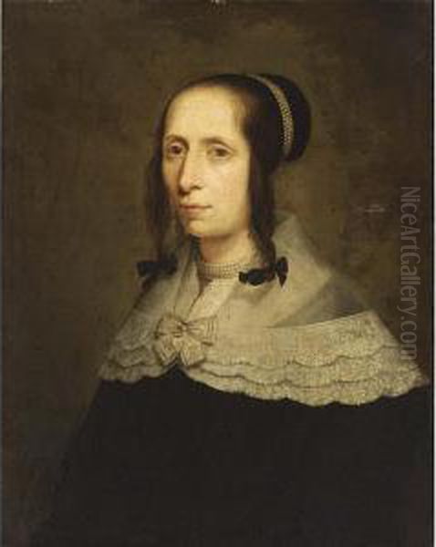 A Portrait Of A Lady, Bust 
Length, Wearing A Black Dress With White Lace Collar And Pearl Jewellery Oil Painting by Bartholomeus Van Der Helst