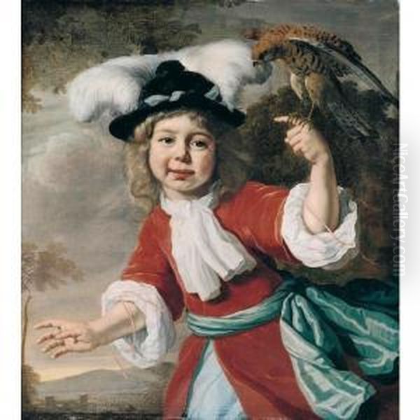 Portrait Of A Young Boy, Half 
Length, Wearing A Red Coat Tied With A Pale Blue Sash And A Feathered 
Hat, Holding A Kestrel, A Landscape Beyond Oil Painting by Bartholomeus Van Der Helst