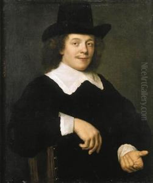 Portrait Of A Gentleman, Seated 
Half Length, Wearing Black Costume With Lace Collar And Cuffs And Black 
Hat Oil Painting by Bartholomeus Van Der Helst