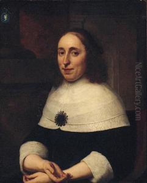 Portrait Of A Lady, Seated 
Half-length, In A Black Dress, On Aterrace, A Cameo On A Column Above Oil Painting by Bartholomeus Van Der Helst