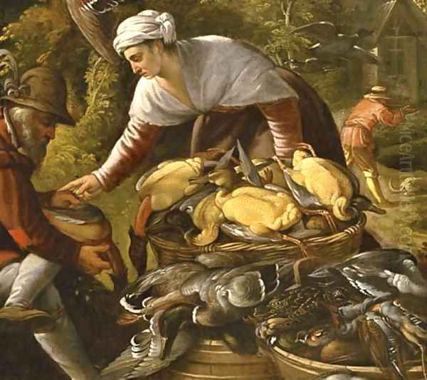 Peasants plucking ducks by a wood, a hunter beyond Oil Painting by Paolo Fiammingo