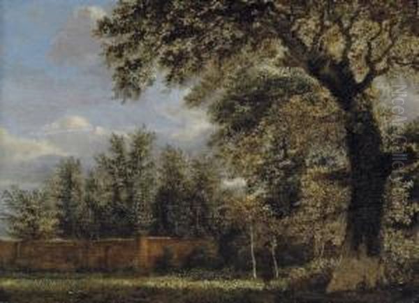 A Wooded Landscape With A Figure In A Park Oil Painting by Jan Van Der Heyden