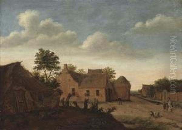 Figures On Horseback On A Track By A Village Oil Painting by Jan Van Der Heyden