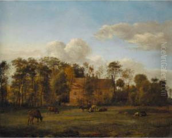 Landscape With Cattle Grazing In
 An Open Field Before A Manor House A Milkmaid 
At Work Oil Painting by Jan Van Der Heyden