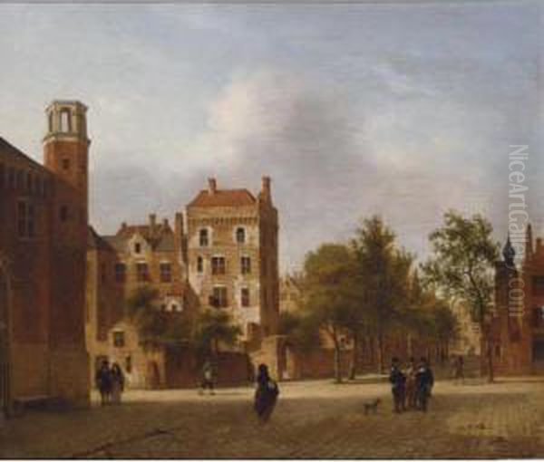 An Imaginary View Of A Town With Elegant Figures Strolling And Conversing On A Square Oil Painting by Jan Van Der Heyden