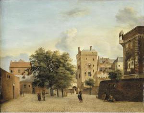 A View Of A Small Town Square With Figures Promenading Oil Painting by Jan Van Der Heyden