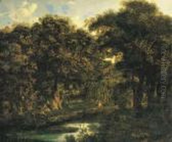 A Wooded Landscape Oil Painting by Jan Van Der Heyden