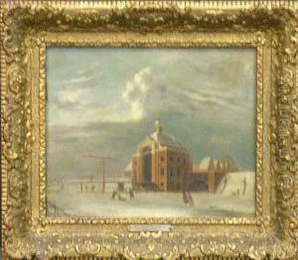 Skaters On A Frozen Canal Oil Painting by Jan Van Der Heyden