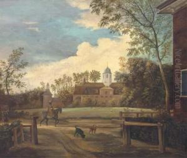 An Elegant Traveller And Two Dogs Before A Country House Oil Painting by Jan Van Der Heyden