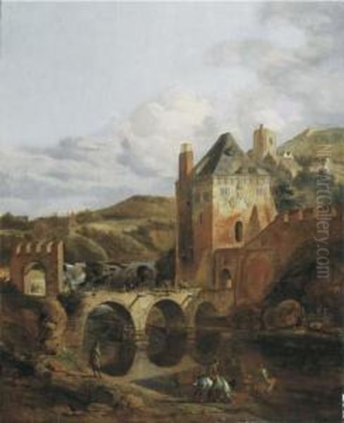 A River Landscape With A Fortified Castle And A Bridge Oil Painting by Jan Van Der Heyden