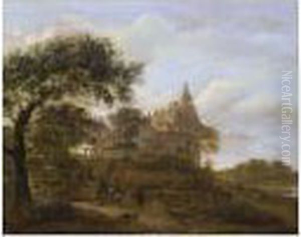 A Hawking Party Returning To A Castle Beside A River Oil Painting by Jan Van Der Heyden