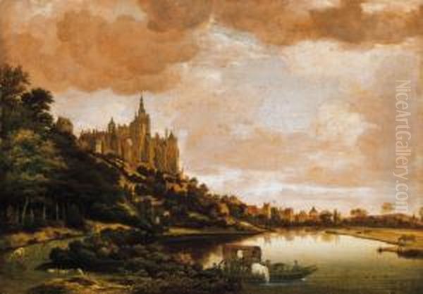 Riverside Landscape With A Castle Oil Painting by Jan Van Der Heyden