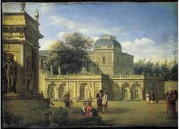 Gentilshommes Et Turcs Devant La Facade D'un Palais Baroque Oil Painting by Jan Van Der Heyden