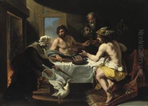 The Peasants Philemon And Baucis Visited By Jupiter And Mercurius Oil Painting by Jan van den Hoecke