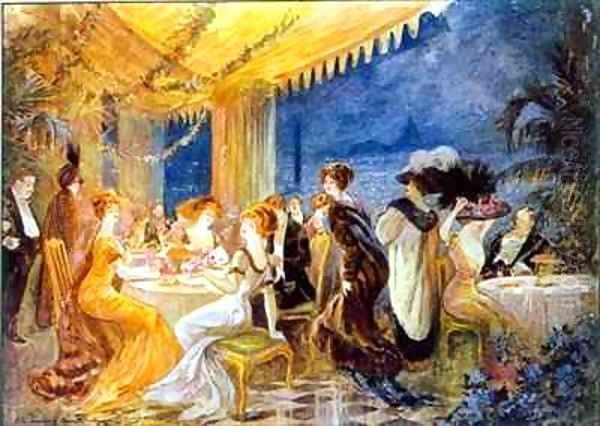 A Soiree in a Parisian restaurant advertisement for The Furrier Revillon in Le Figaro Illustre Oil Painting by Felix & Deshays, Raymond Fournery