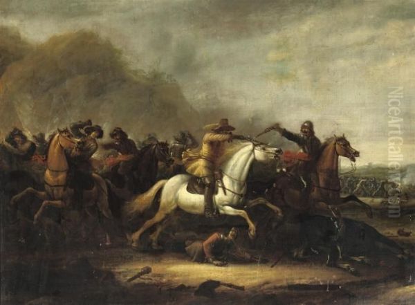 A Cavalry Skirmish In A Mountainous Landscape Oil Painting by Abraham van der Hoef